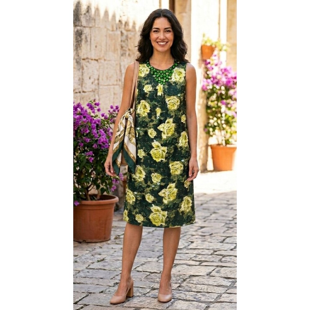 Adrienne Vittadini Green Floral Silk Jeweled Neck Shift Dress L